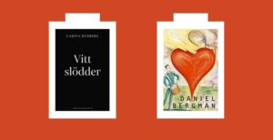 Omslag till böckerna "Vitt slödder" av Carina Rydberg, Albert Bonniers förlag, och "Hjärtat" av Daniel Bergman, Bokförlaget Polaris.