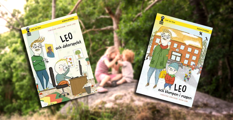 Omslag till böckerna Leo och datorspelet samt Leo och klumpen i magen av Christina Lindström och Kajsa Lind. B. Wahlströms.
