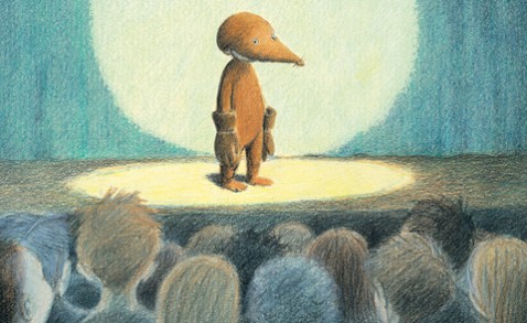 Detalj ur omslaget till "Ensam mullvad på scen". Bonnier Carlsen förlag.